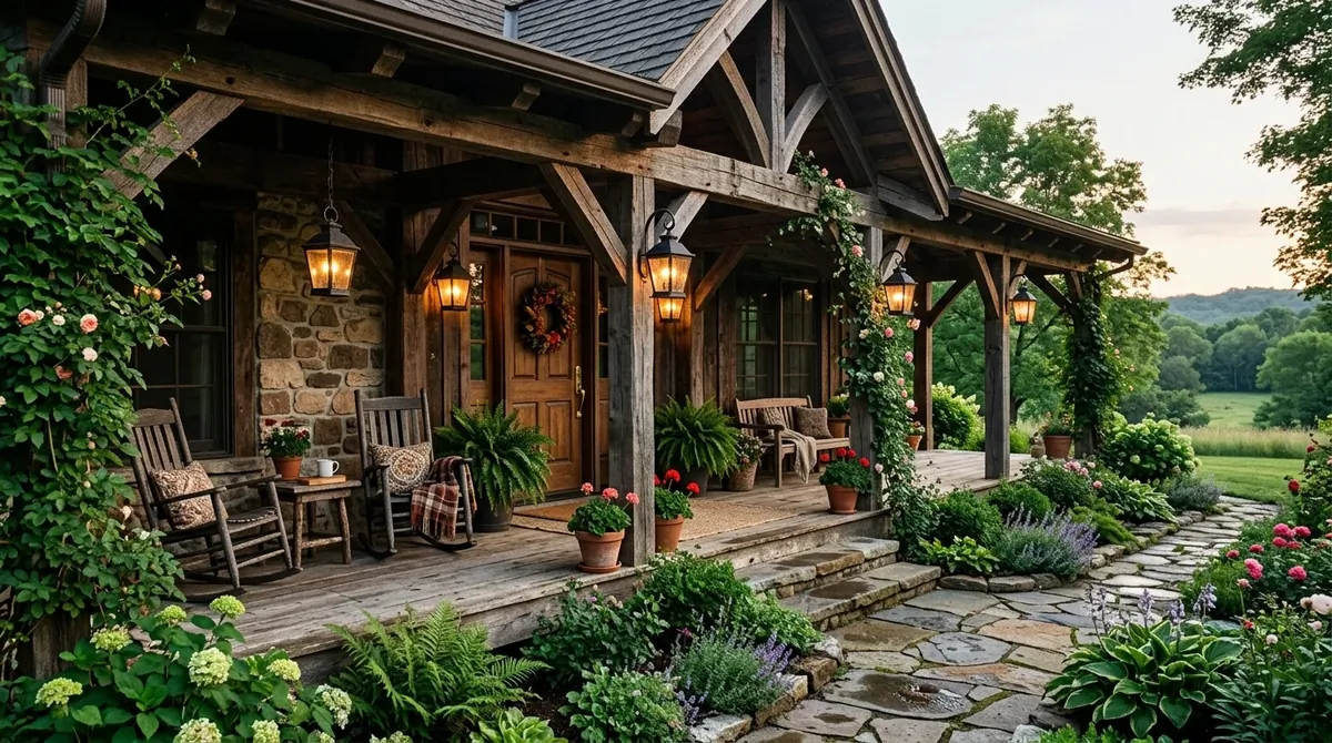 Rustic wood porch with reclaimed beams, iron lanterns, stone path, and natural green landscape.