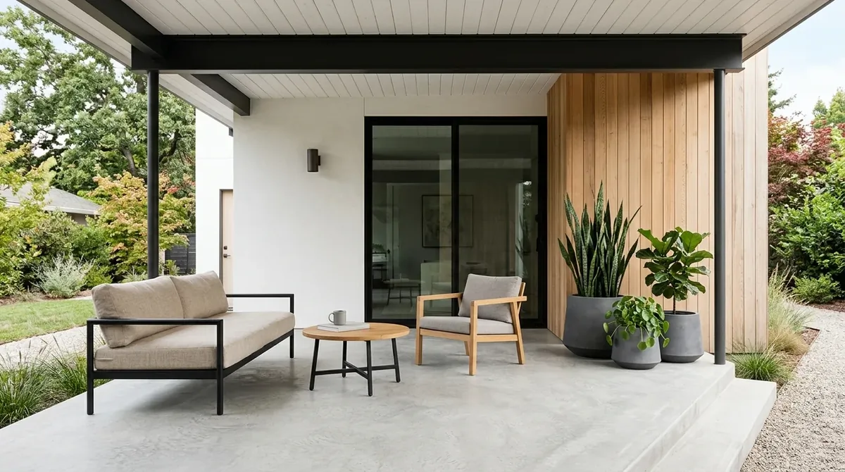 Minimal porch with neutral tones, clean-lined furniture, simple planters, and uncluttered modern elegance.