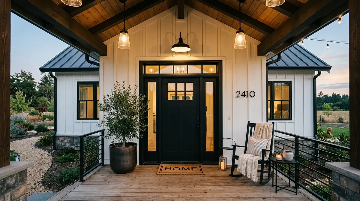 Modern farmhouse porch with black door, wood siding, metal fixtures, and soft evening light.