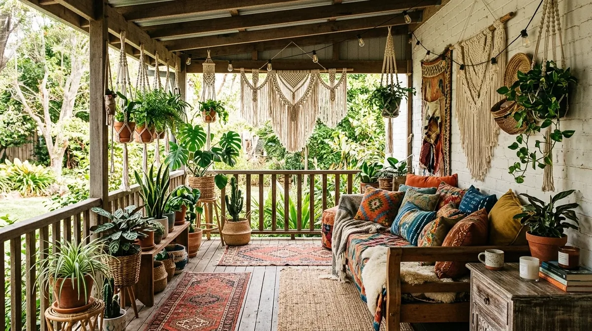 Boho porch with macrame decor, layered rugs, colorful cushions, and lush plants.