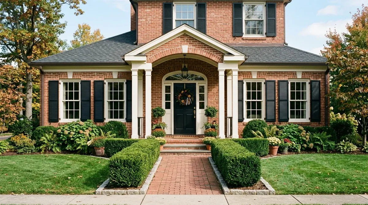 Classic brick porch with symmetrical entry, black shutters, trimmed hedges, and elegant wreath.