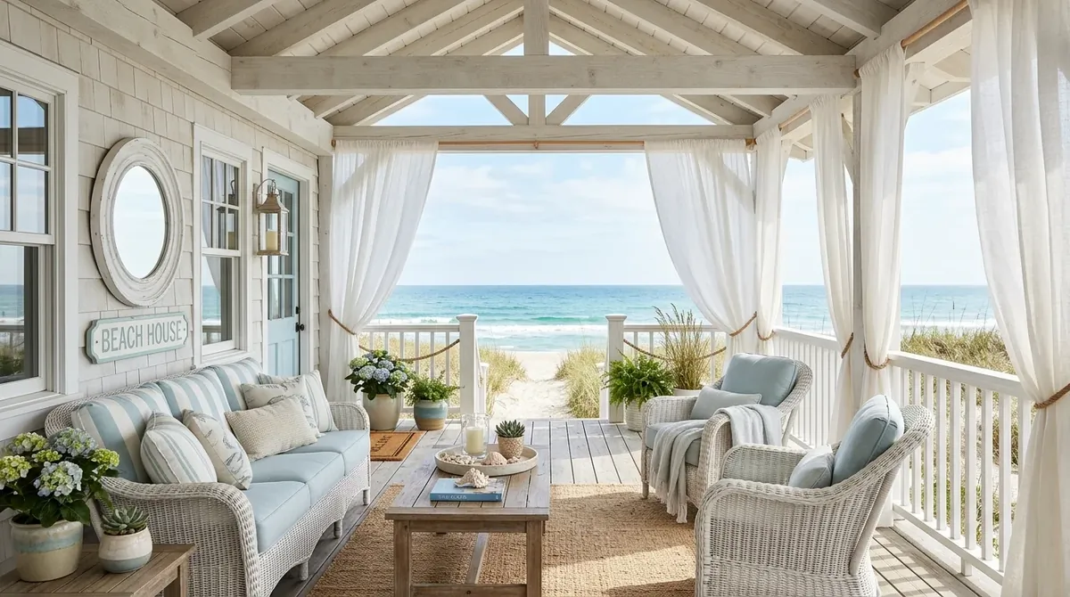 Coastal-style porch with blue accents, whitewashed finishes, airy curtains, and beach-inspired decor.