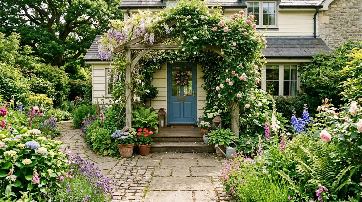 Garden-focused porch with trellis entrance, climbing vines, flower-lined path, and lush greenery.