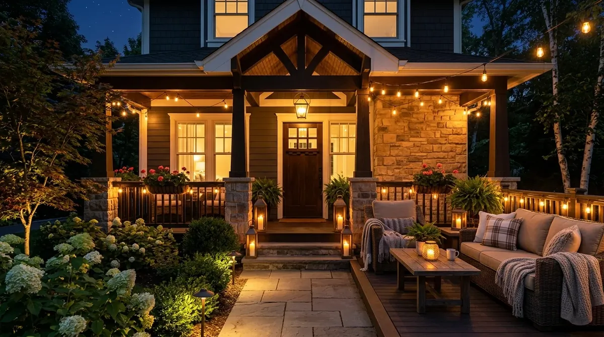Elegant evening porch with glowing lights, candle lanterns, cozy seating, and softly lit doorway.