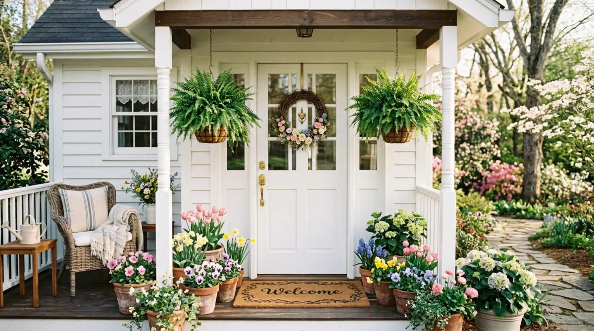 Welcoming spring front porch with white door, pastel flower planters, hanging ferns, and woven mat.