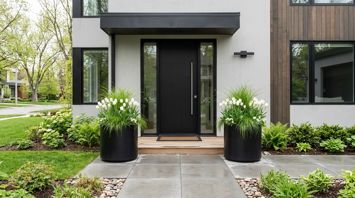 Modern spring porch with matte black planters, white tulips, green grasses, and symmetrical layout.