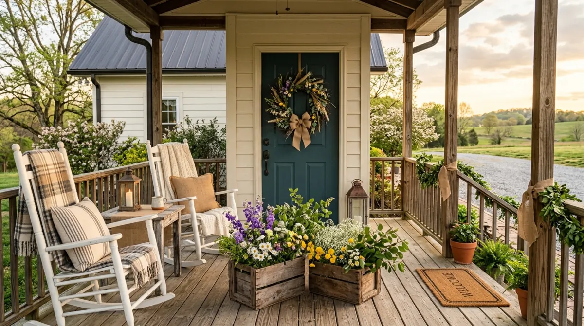 Farmhouse spring porch with rocking chairs, wooden crates of wildflowers, burlap, and rustic wreath.