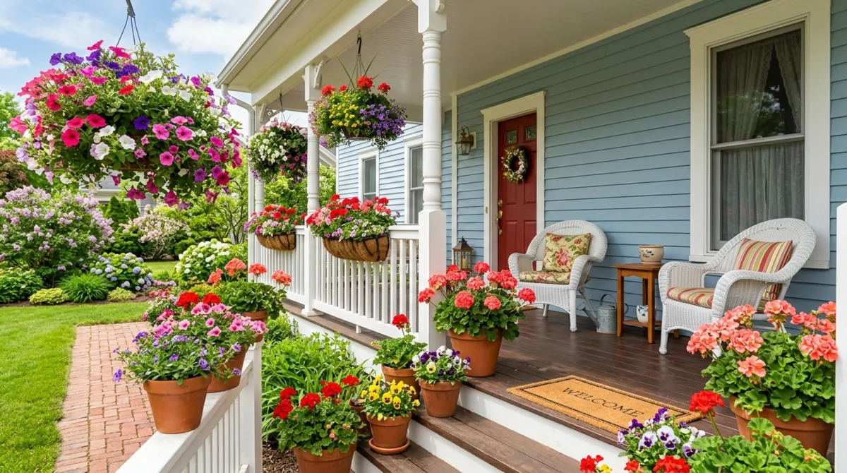 Colorful spring porch with geraniums, petunias, and hanging baskets full of flowers.