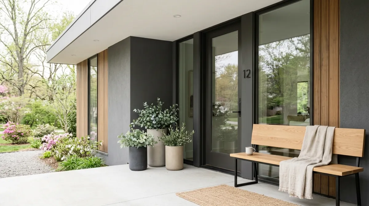 Minimal spring porch with neutral planters, eucalyptus arrangements, clean lines, and modern bench.