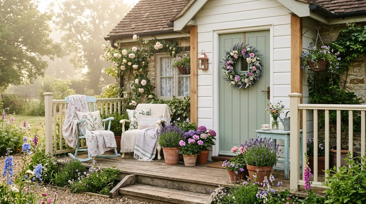 Cottage spring porch with pastel furniture, lavender planters, floral wreath, and layered textiles.