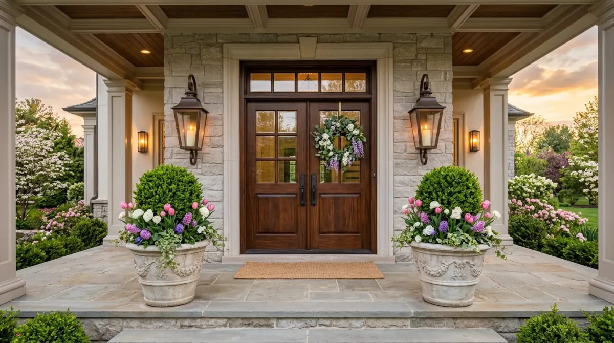 Luxury spring porch with symmetrical stone planters, manicured shrubs, lanterns, and polished entry.