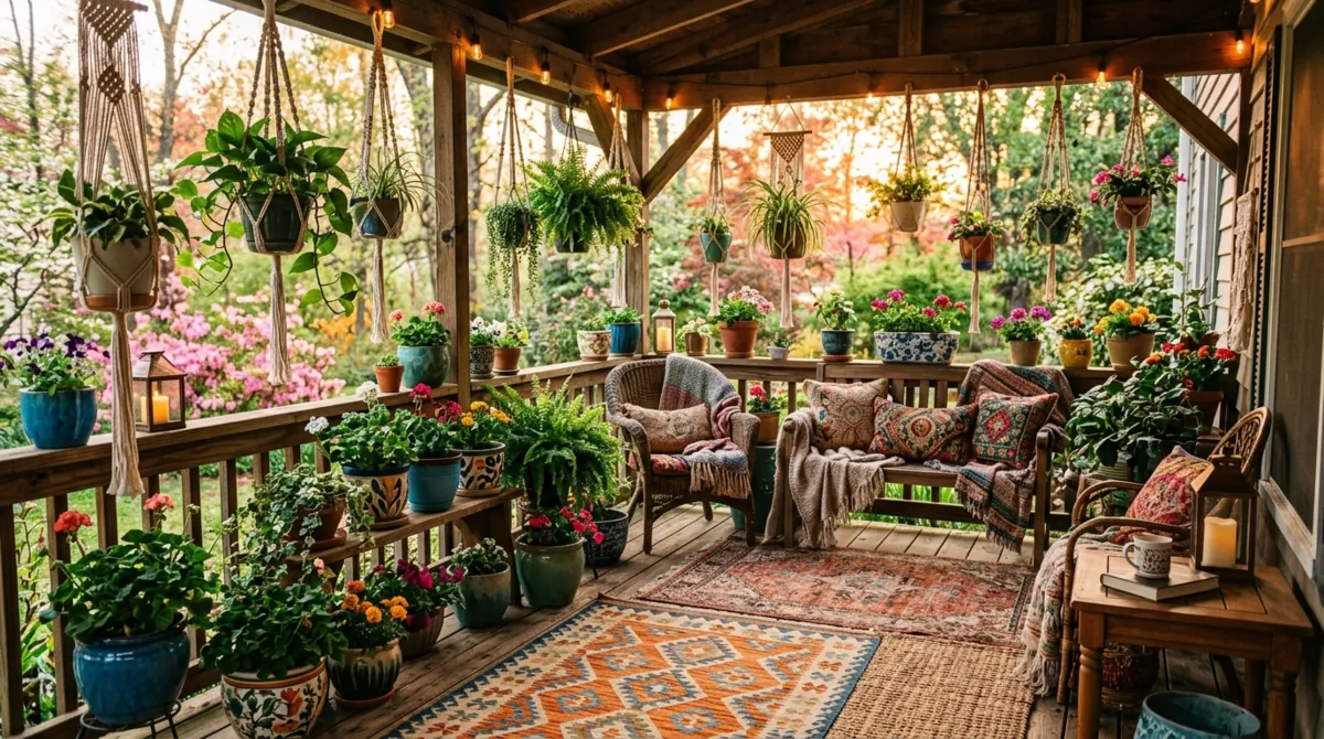 Bohemian spring porch with patterned rugs, macrame planters, colorful pots, and layered greenery.