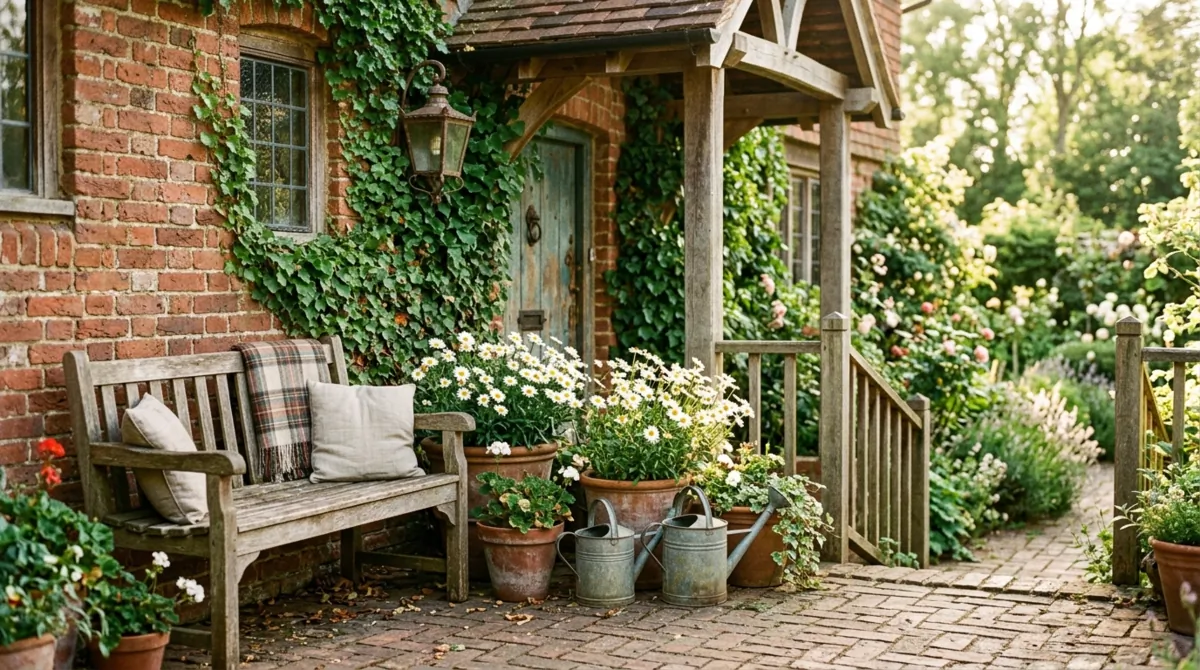 Rustic brick porch with ivy, vintage watering cans, terracotta pots, daisies, and wooden bench.