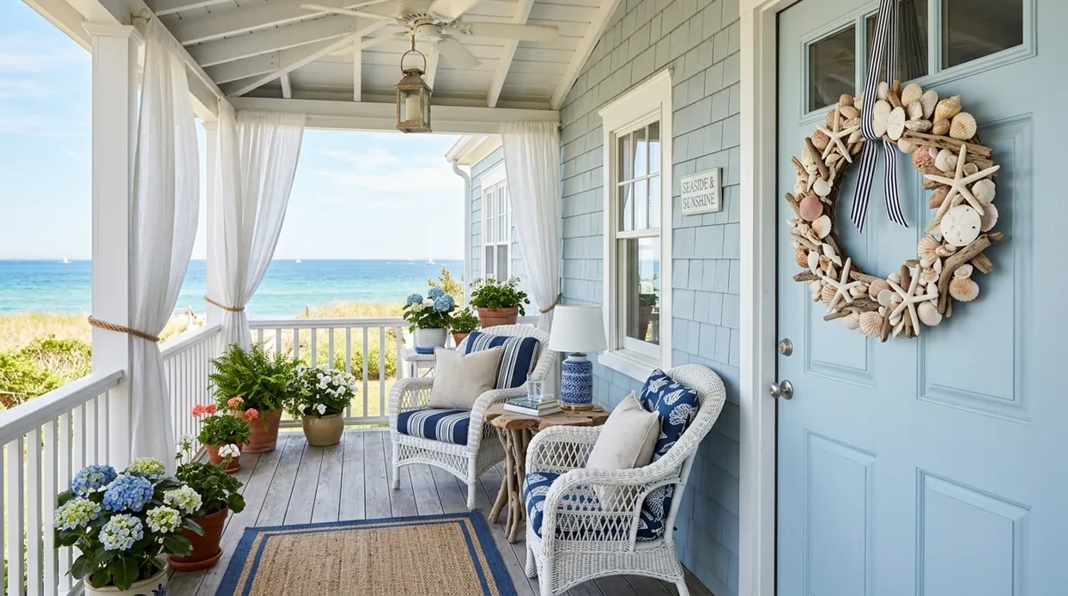 Coastal spring porch with white and blue decor, driftwood accents, seashell wreath, and light curtains.