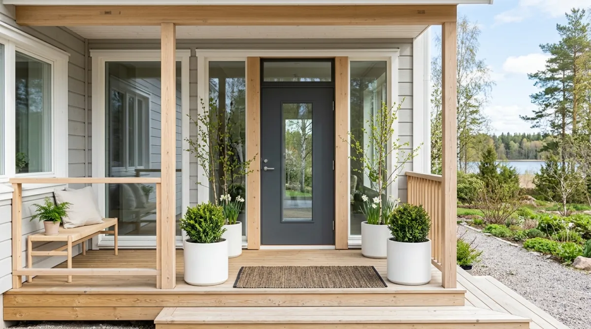 Scandinavian spring porch with light wood accents, white planters, minimal greenery, and symmetrical design.