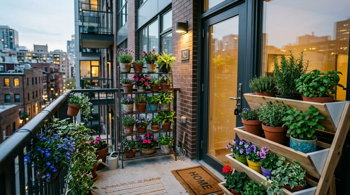 Compact urban spring porch with vertical plant stands, herbs, flowers, and stacked planters.