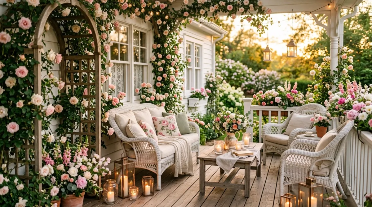 Romantic spring porch with rose trellis, pink florals, candle lanterns, and white furniture.
