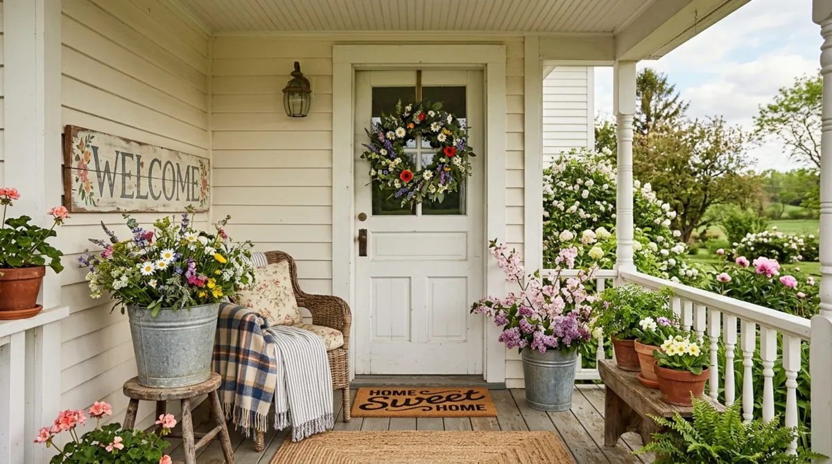 Farmhouse spring porch with galvanized buckets, wildflowers, wood welcome sign, and layered textures.