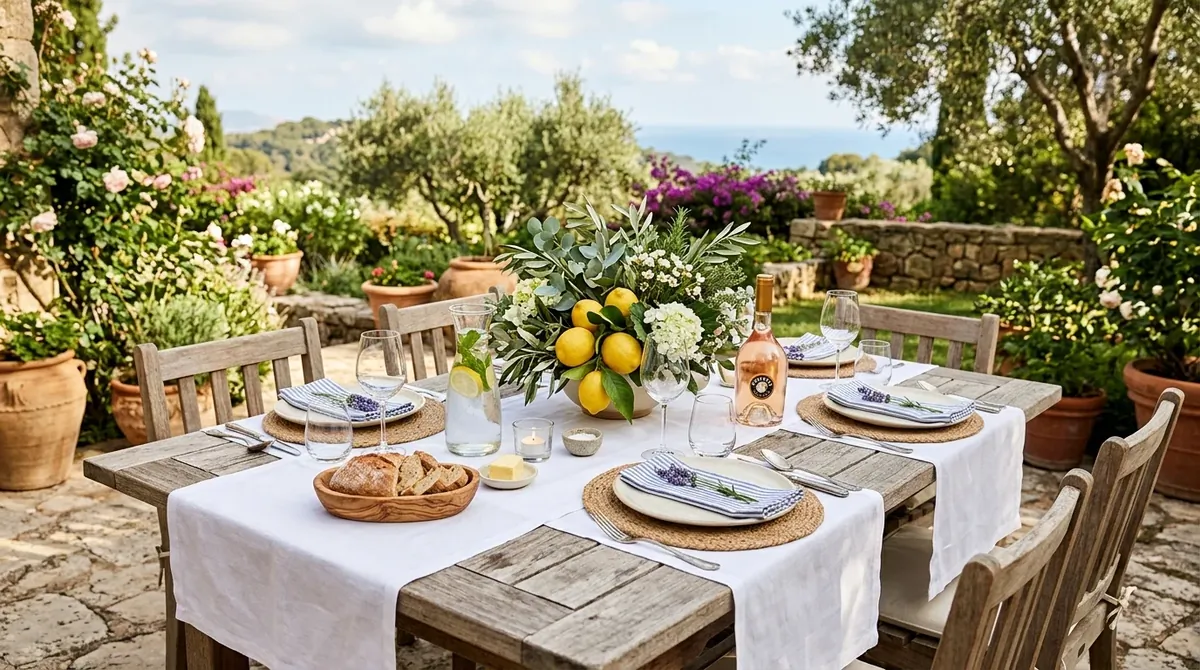 Summer dining table with citrus centerpiece, linen runner, woven chargers, and bright outdoor light.