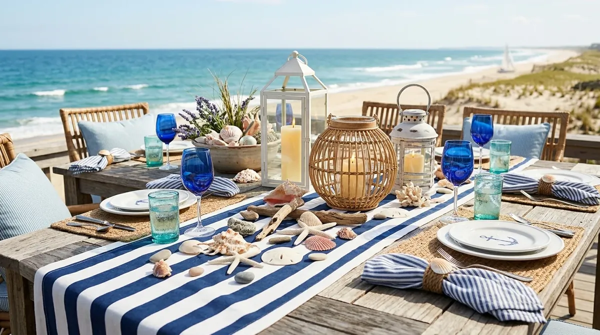 Dining table with blue linens, shell details, and breezy seaside inspiration.