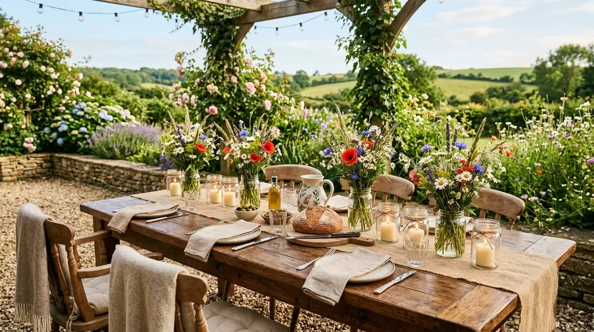 Summer table with mixed wildflowers, light dishes, and cheerful outdoor charm.
