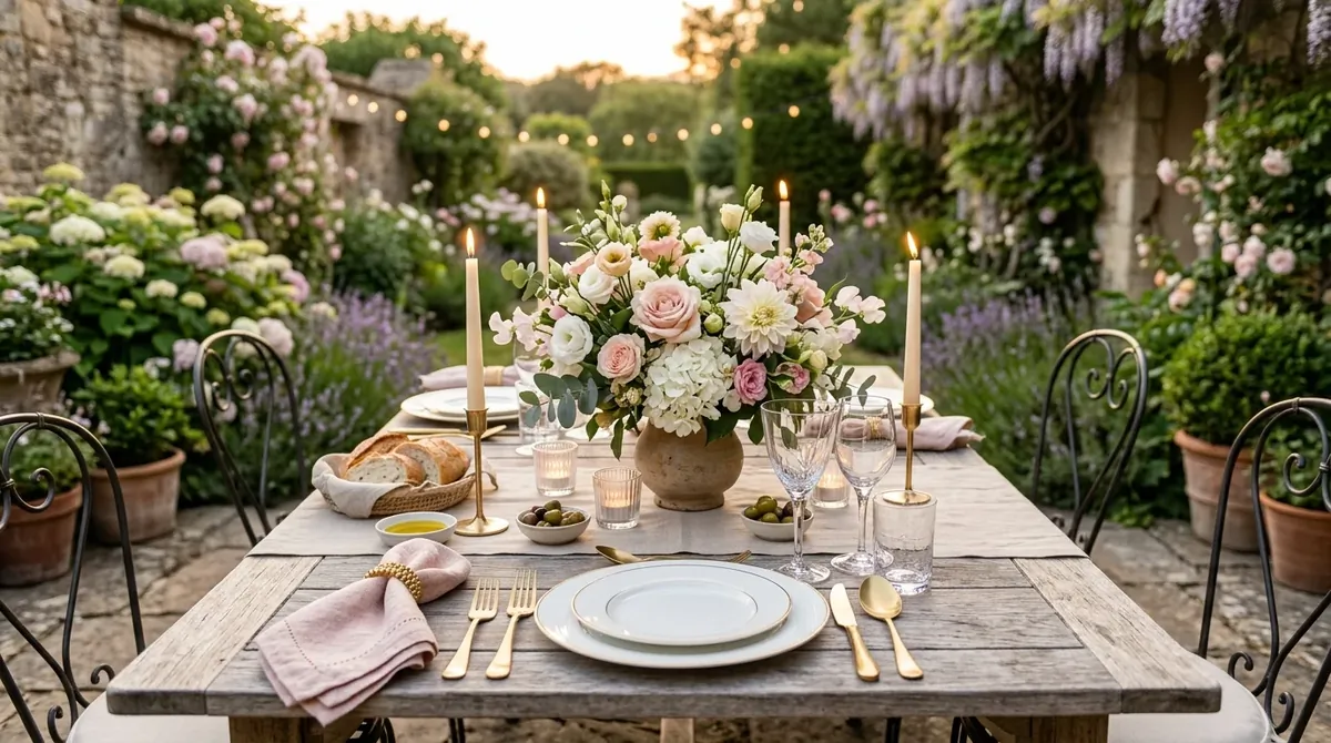 Dining setup with white dishes, leafy greenery, and fresh understated elegance.