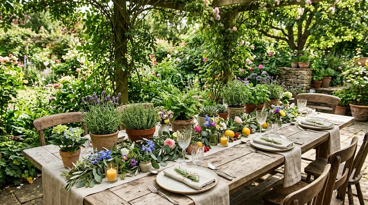 Al fresco table with layered textiles, candles, and easy bohemian texture.