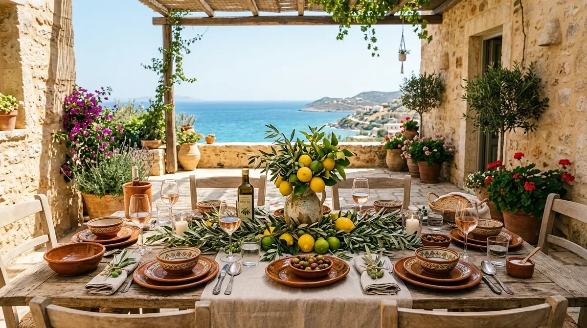 Dining table with soft neutrals, rattan accents, and warm evening simplicity.