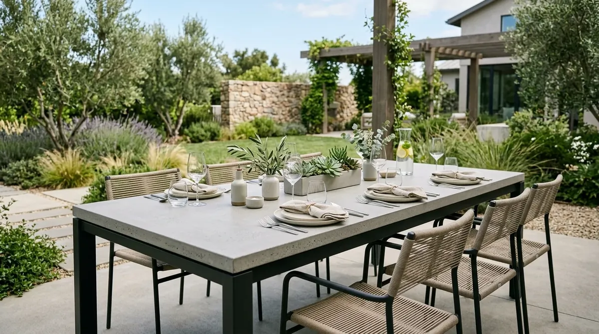 Outdoor table with tropical leaves, colorful glassware, and vacation energy.