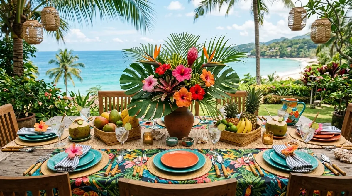 Dining setup with mason jars, simple florals, and rustic warm-weather ease.