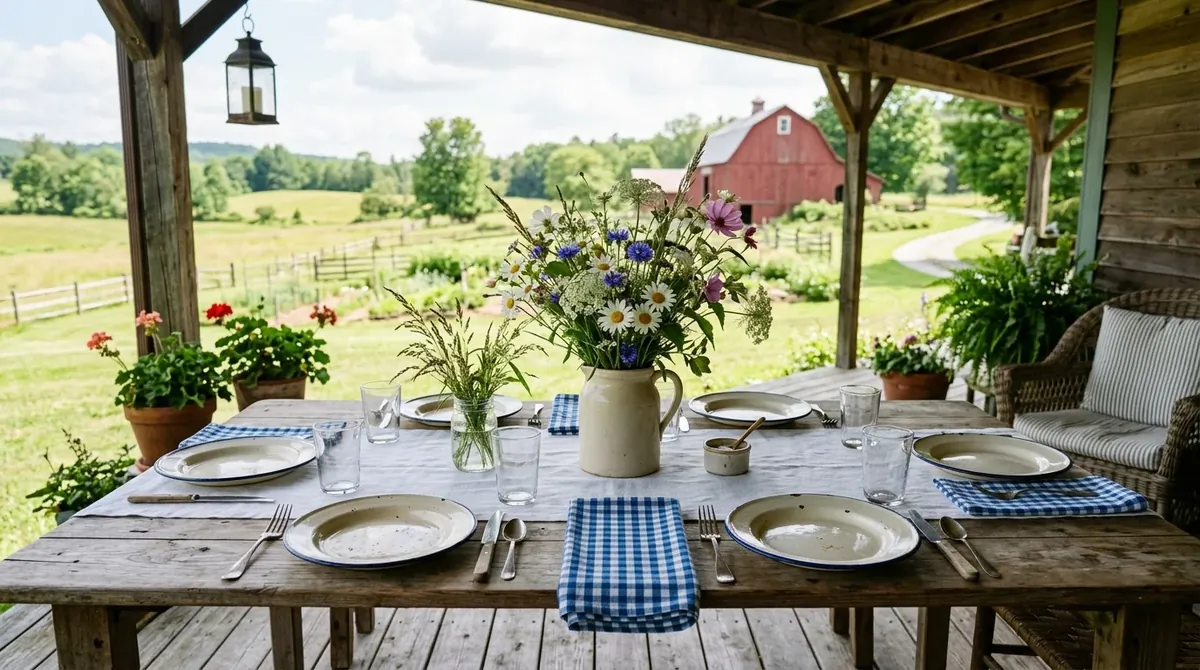 Summer table with candles, pale flowers, and soft refined evening glow.