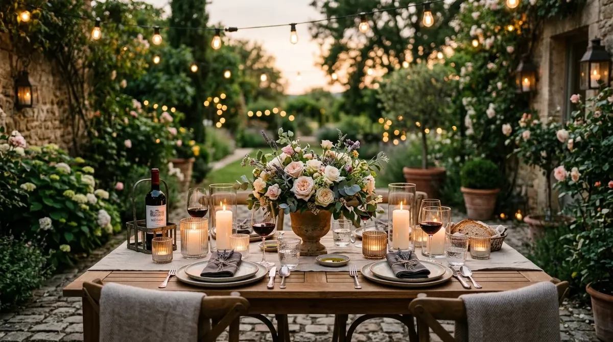 Table decor with pastel dishes, fruit bowls, and a light daytime mood.