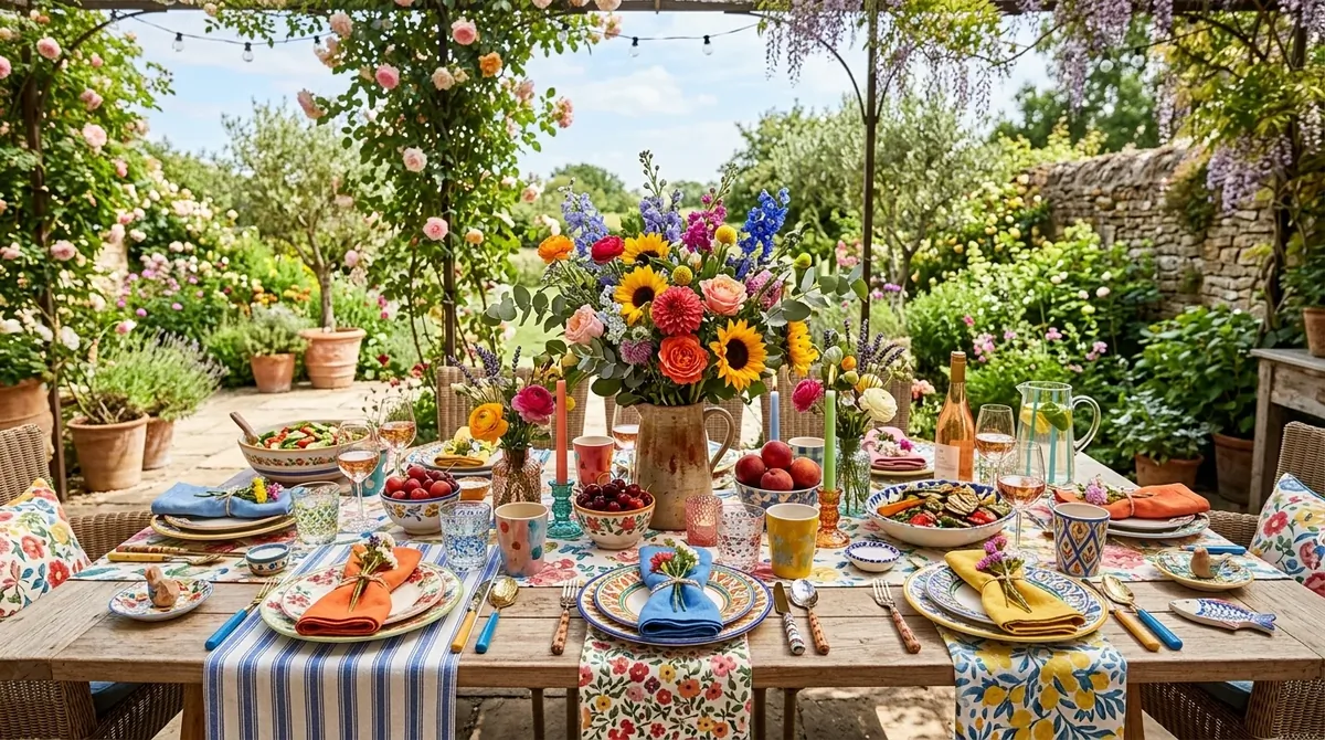 Outdoor dining table with lavender stems and calm sun-washed tones.