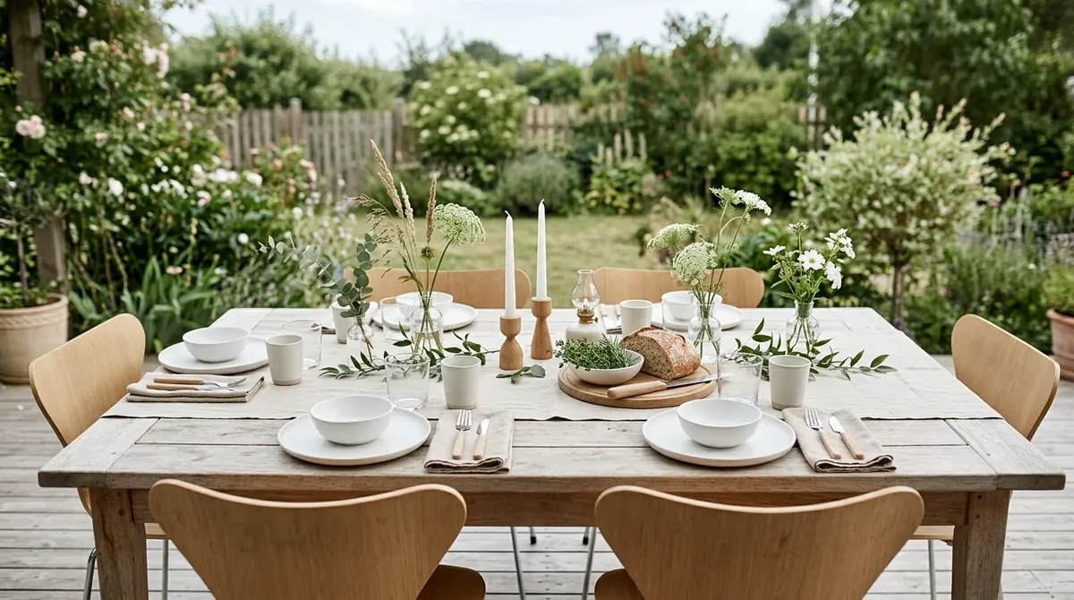 Table with peaches, citrus, layered linens, and playful seasonal abundance.