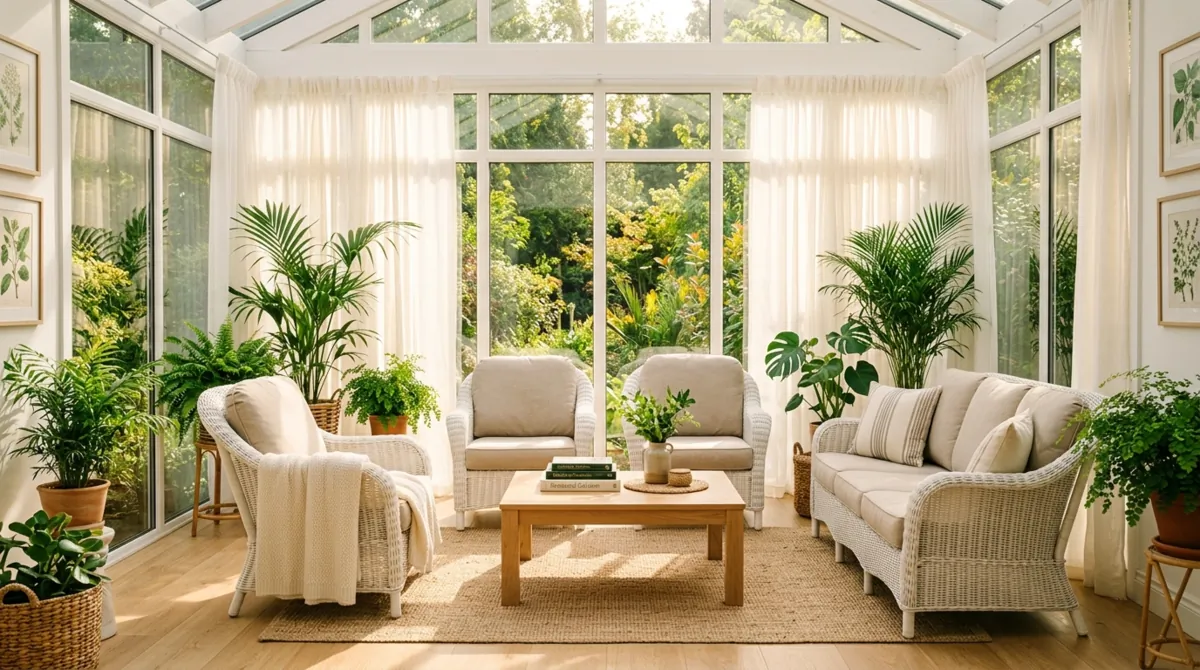 Bright sunroom with wicker furniture, beige cushions, potted palms, oak table, and glowing natural sunlight.