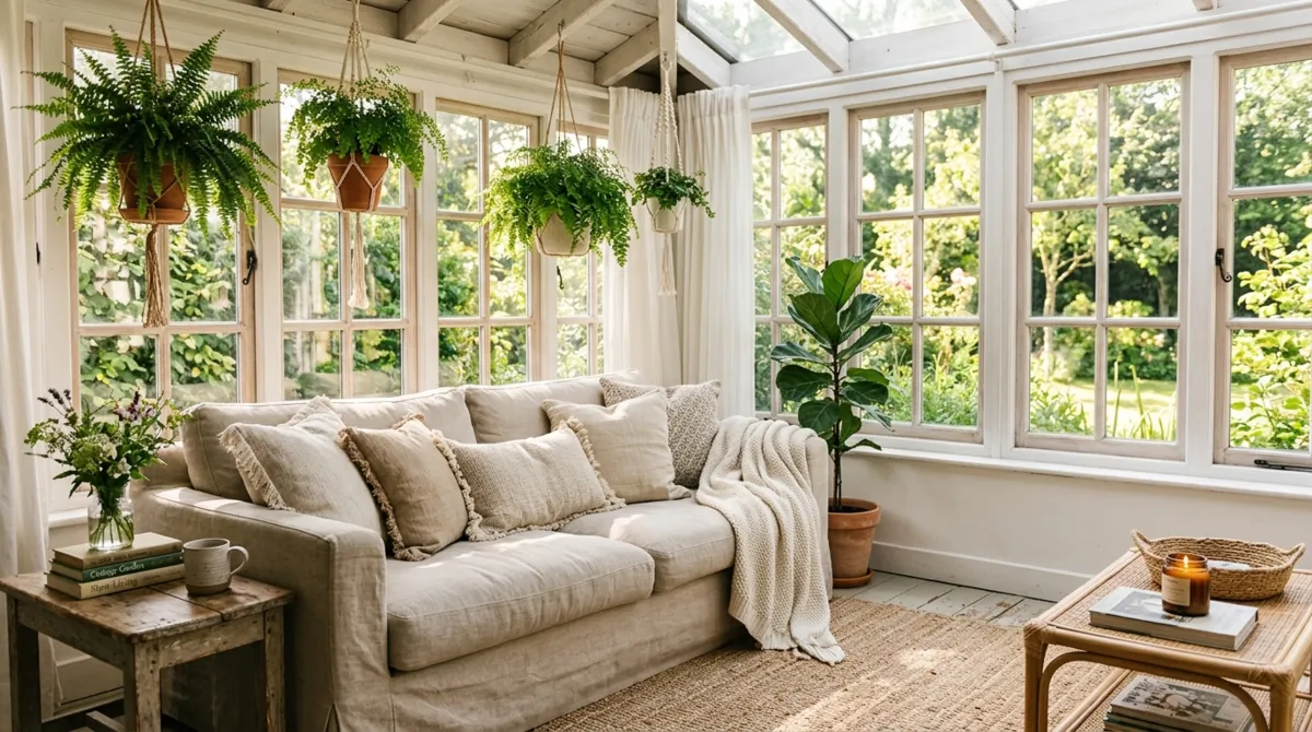 Cozy sunroom with linen sofa, jute rug, hanging ferns, throw pillows, and warm morning light.