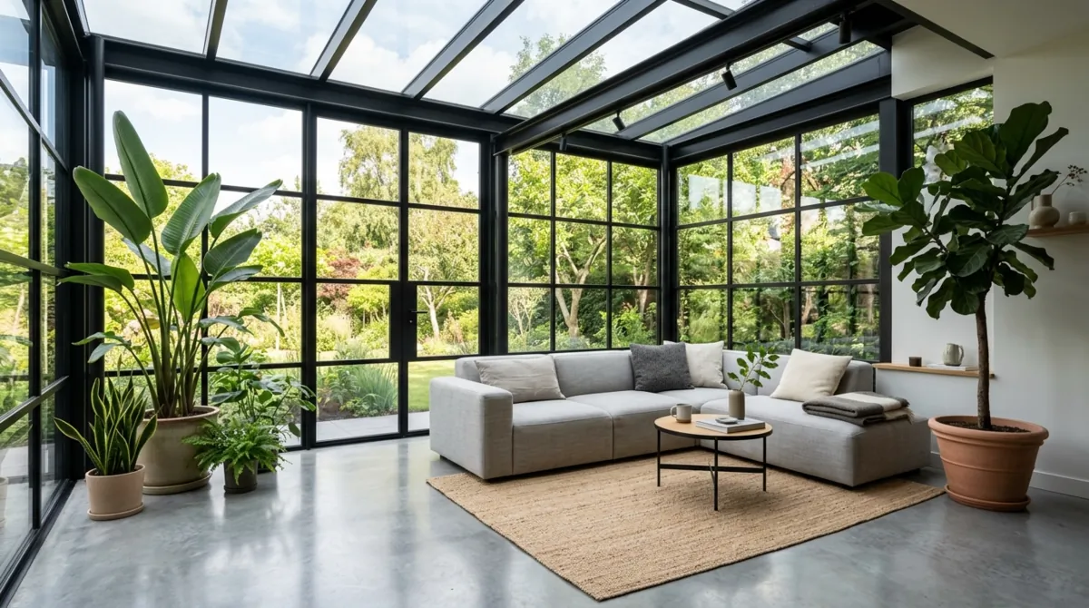 Modern sunroom with black steel frames, gray modular sofa, concrete floor, and sculptural plants.
