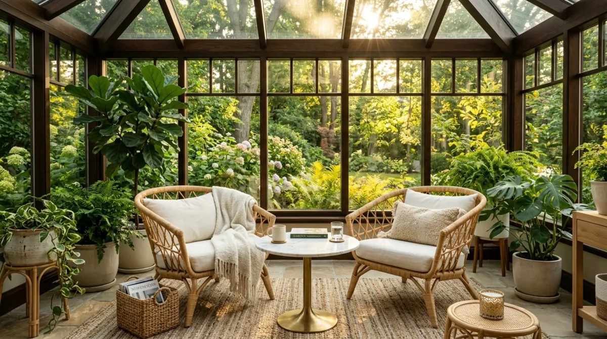 Elegant sunroom lounge with rattan armchairs, marble side tables, ivory textiles, and lush greenery.