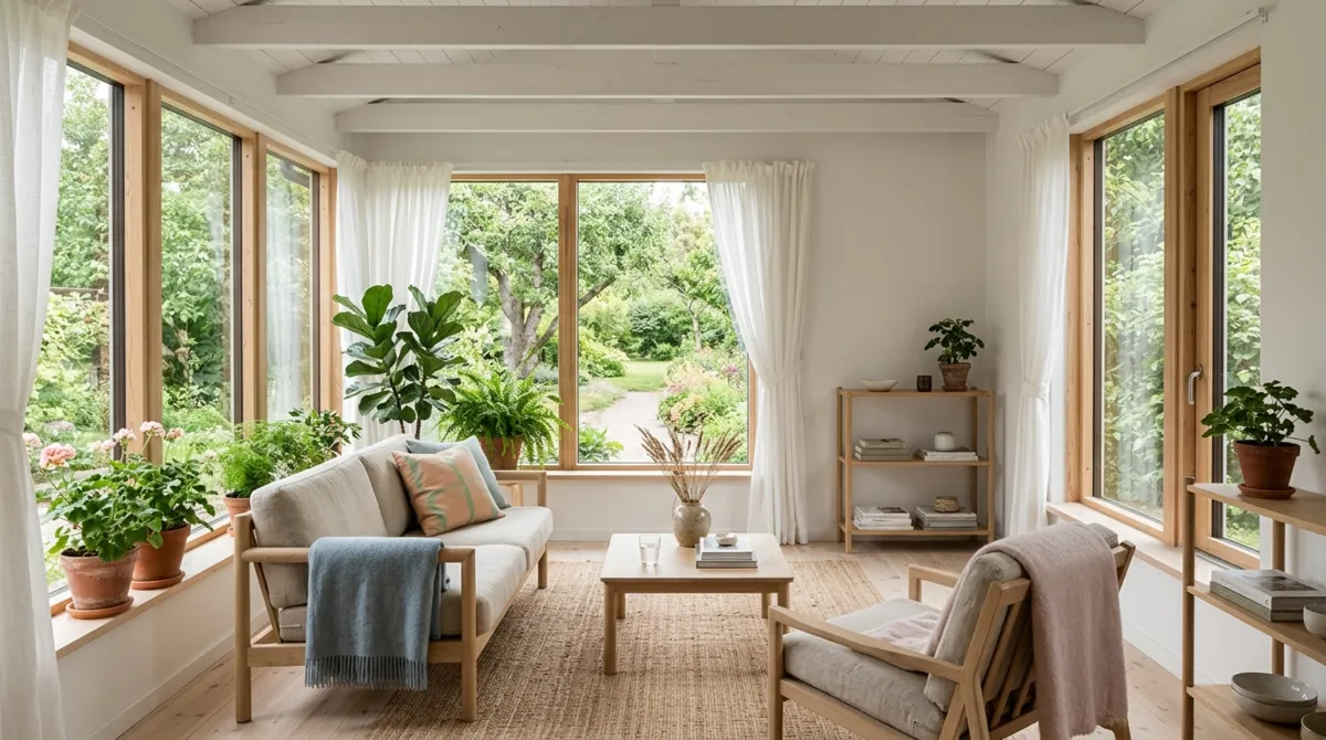Scandinavian sunroom with light wood furniture, white walls, linen seating, pastel accents, and bright windows.