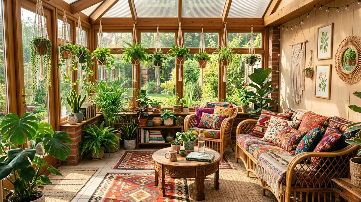 Bohemian sunroom with layered rugs, macrame plant hangers, woven furniture, greenery, and warm sunbeams.