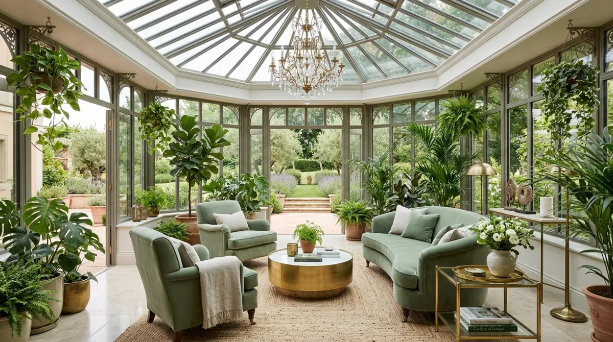 Luxury sunroom with glass ceiling, sage velvet seating, brass tables, curated plants, and elegant light.