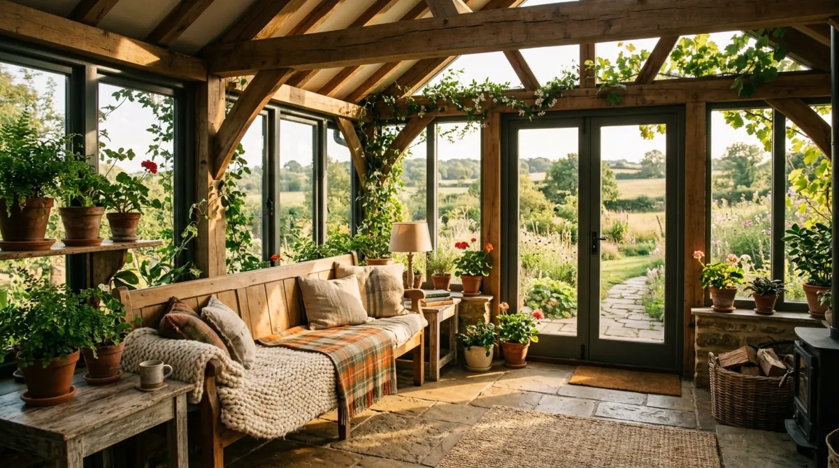 Rustic sunroom with reclaimed beams, stone floor, farmhouse bench, wool blankets, and climbing plants.
