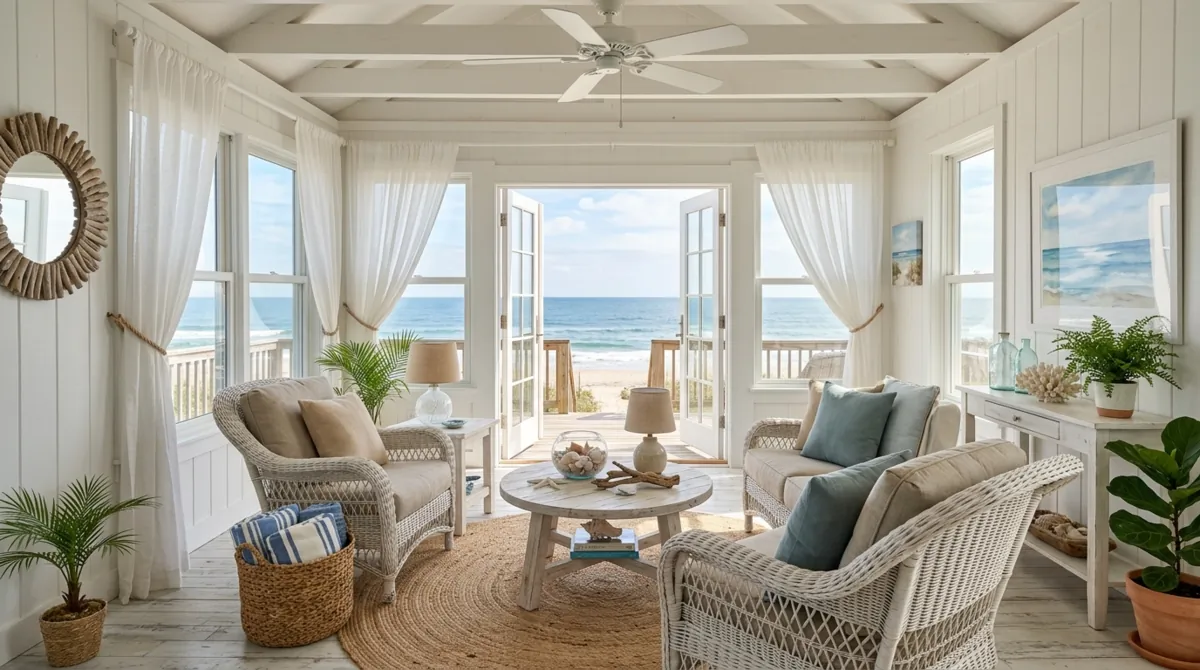 Coastal sunroom with whitewashed furniture, blue and beige tones, wicker chairs, linen curtains, and bright light.