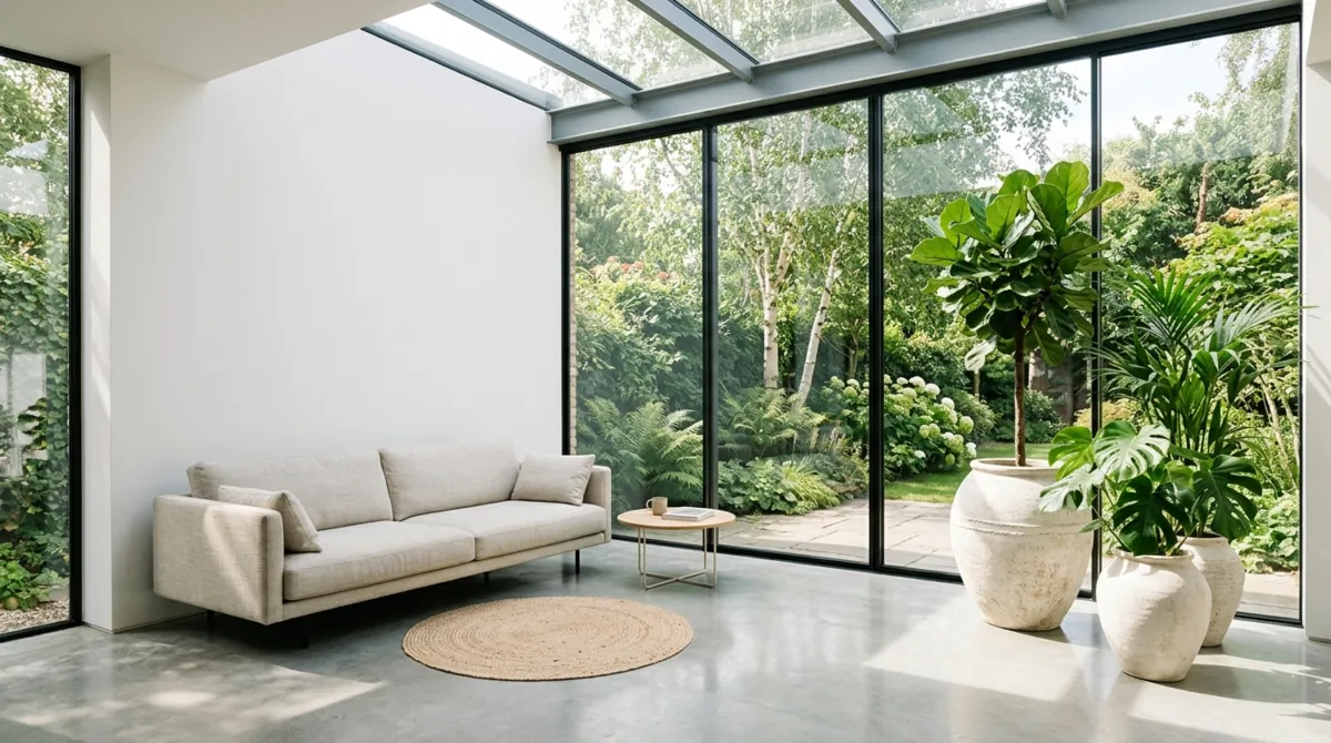 Minimalist sunroom with white surfaces, statement sofa, ceramic planters, expansive glass walls, and serene daylight.