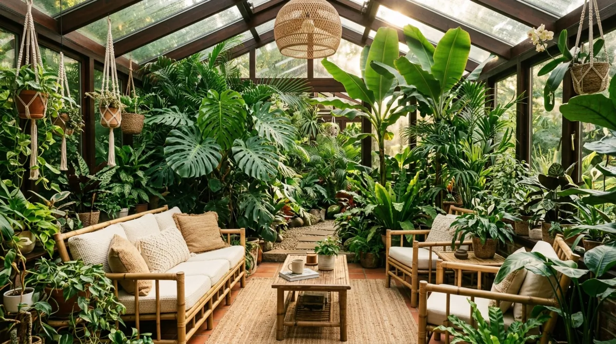 Tropical sunroom with banana leaves, monstera plants, bamboo furniture, woven textures, and lush sunlight.