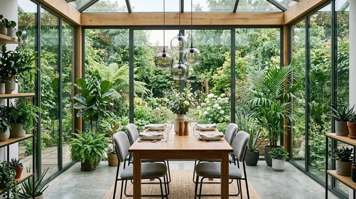 Contemporary sunroom dining nook with glass walls, wood table, modern chairs, pendant light, and surrounding greenery.