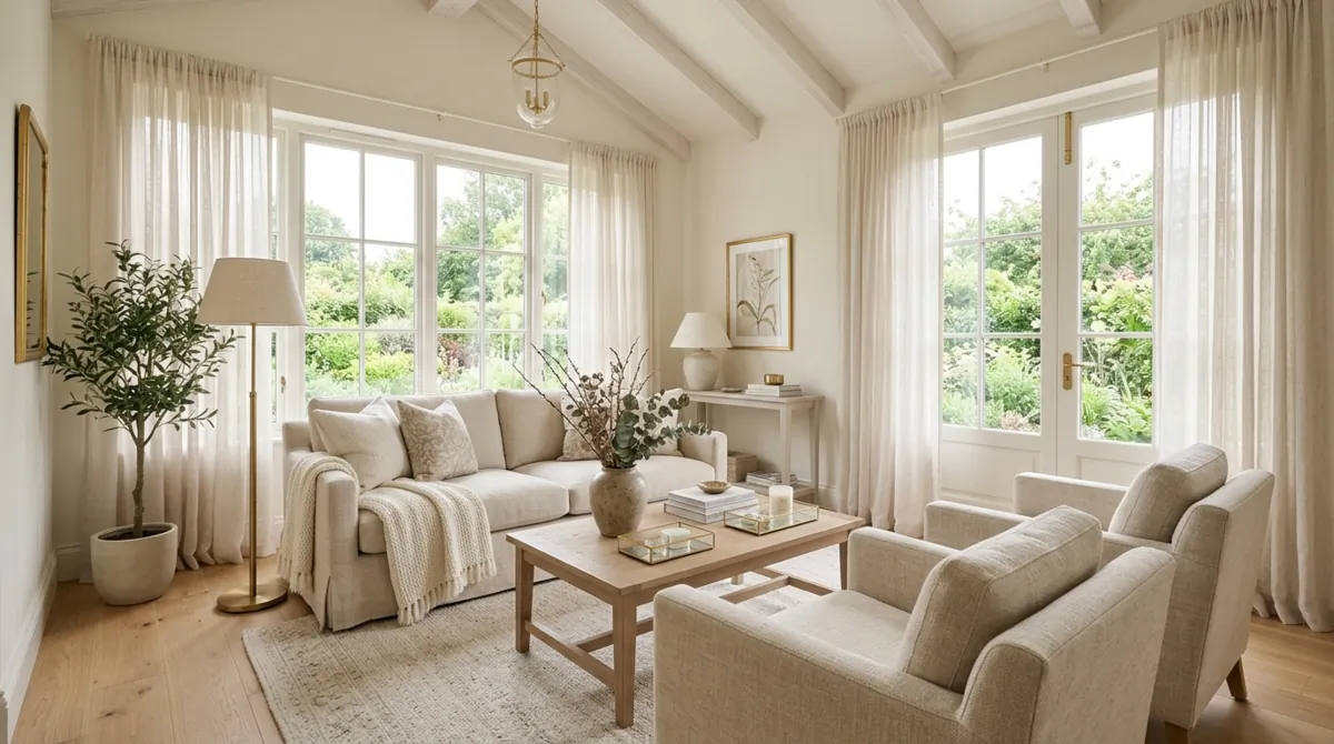 Elegant neutral sunroom with cream furnishings, linen textures, soft rug, gold accents, and filtered sunlight.