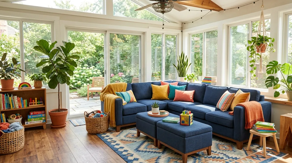 Family-friendly sunroom with sectional seating, storage ottomans, bright cushions, plants, and large sliding doors.