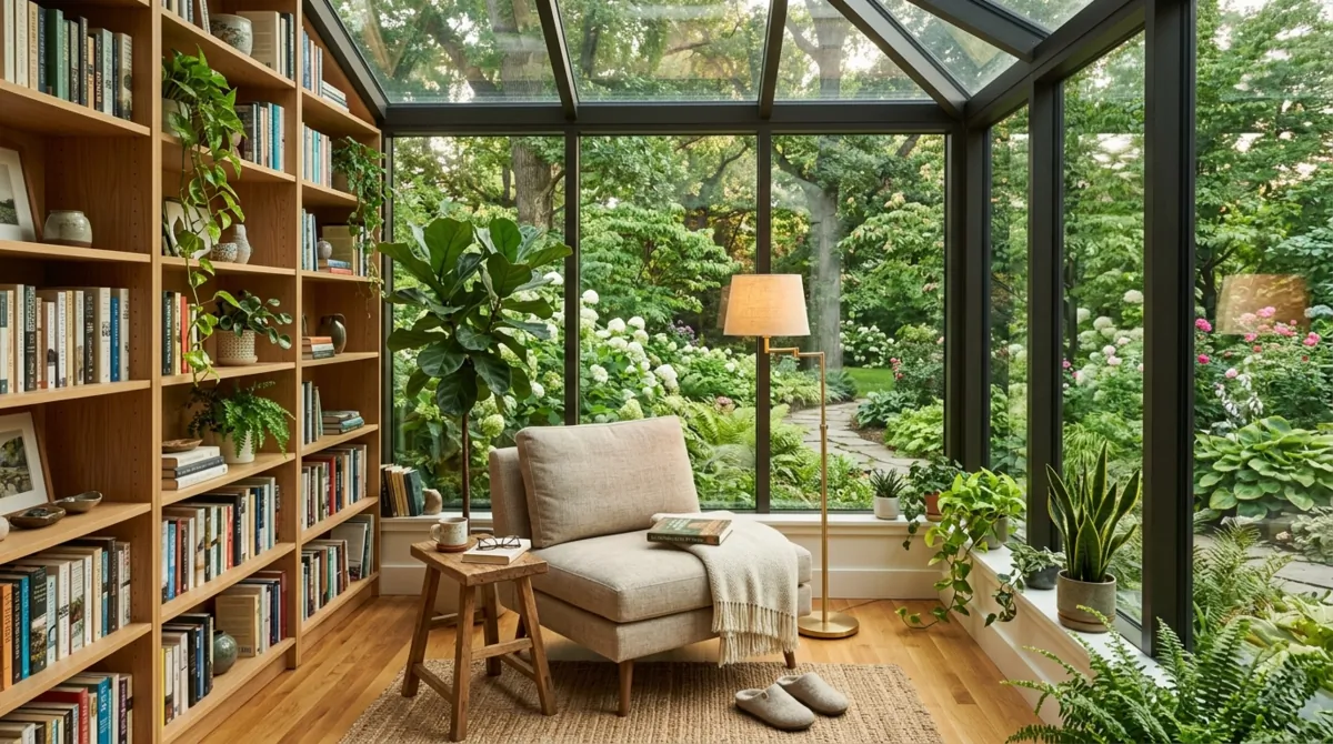 Modern glass sunroom reading corner with lounge chair, bookshelf wall, floor lamp, greenery, and panoramic garden views.
