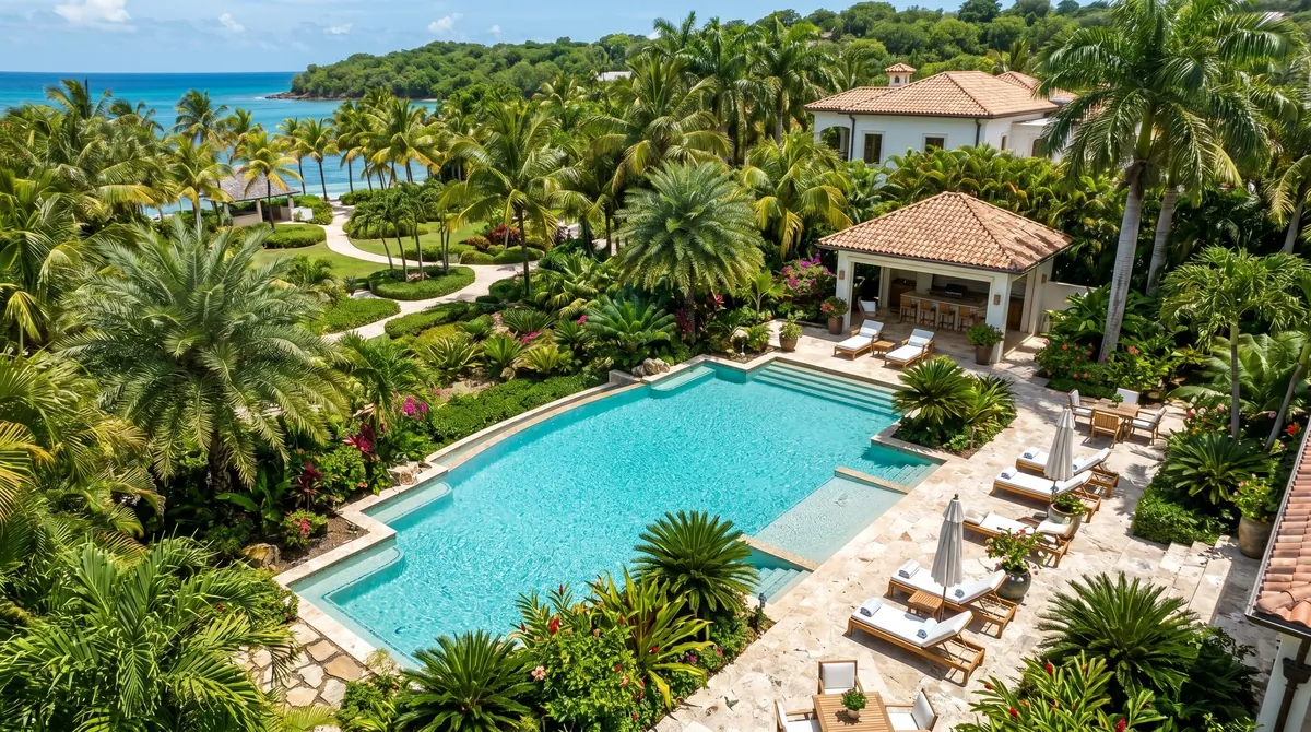 Luxury backyard pool with tropical landscaping, palm trees, stone edging, and clear water.